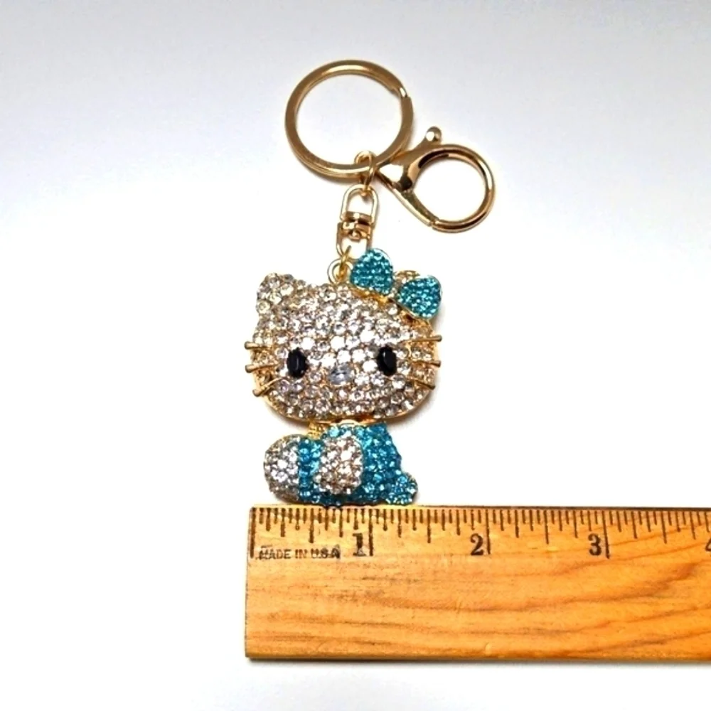 Hello Kitty Rhinestone Keychain Azure Blue and Gold Tone